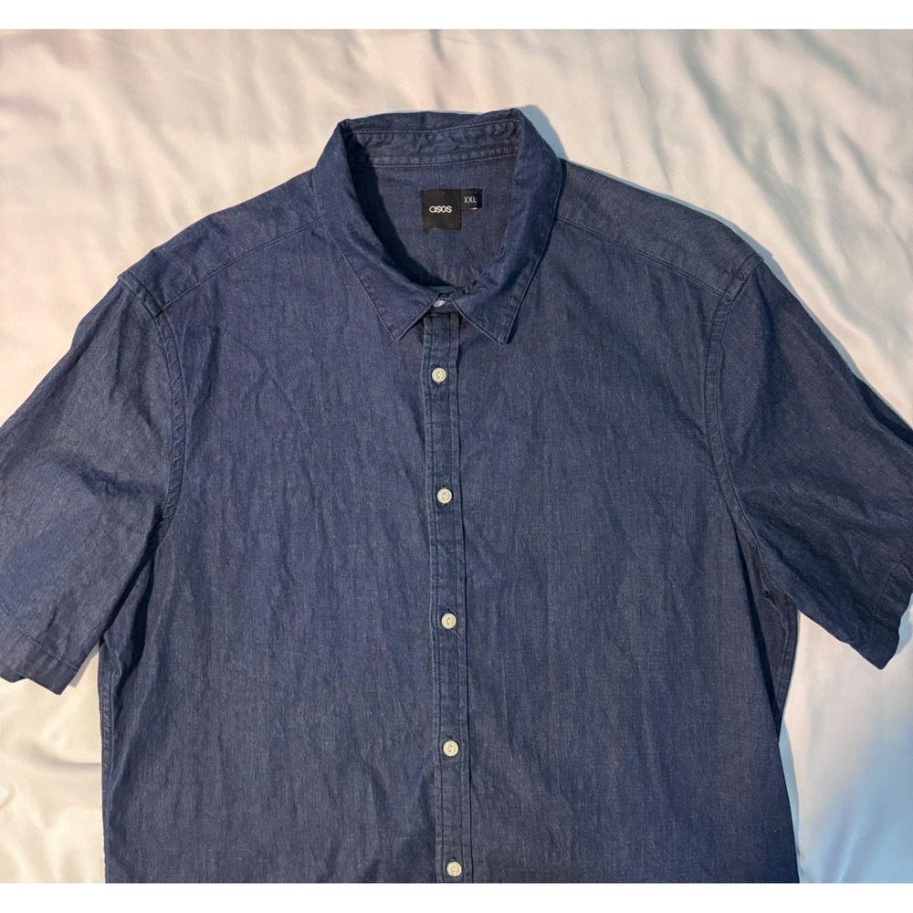 ASOS Mens XXL Short Sleeve Button Down Denim Shirt Dark Wash Blue 03312036